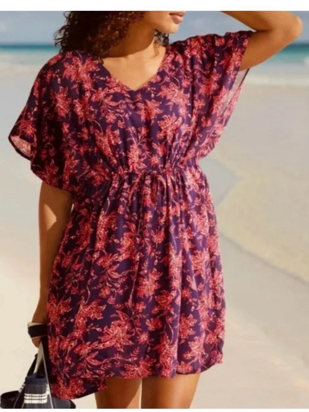 Lands' End Purple Floral Cinch Waist Kaftan Swim Cover Up Dress size XL-XXL